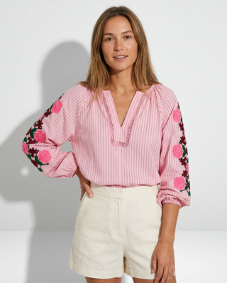 Havana Striped Embroidered Blouse 'Baby Pink'