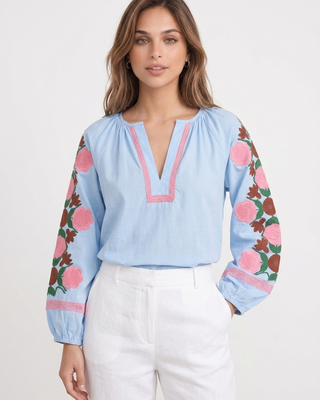 Daisy Cotton Embroidered Blouse 'Baby Blue & Pink'