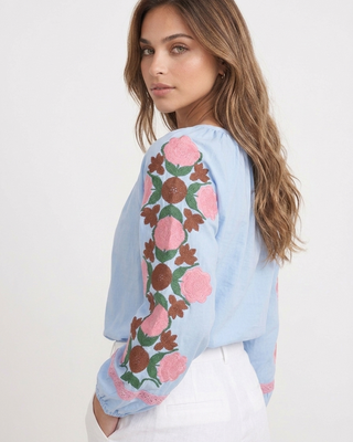Daisy Cotton Embroidered Blouse 'Baby Blue & Pink'