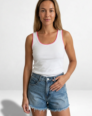 Lumi Cotton Ribbed Sleeveless T-Shirt 'White & Neon Pink'
