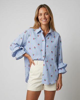Portofino Cotton Striped Cherrys Shirt 'White & Blue' LIVE