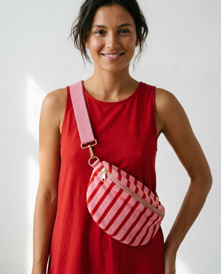 Striped Towel Fabric Crossbody Bag 'Baby Pink & Red' LIVE