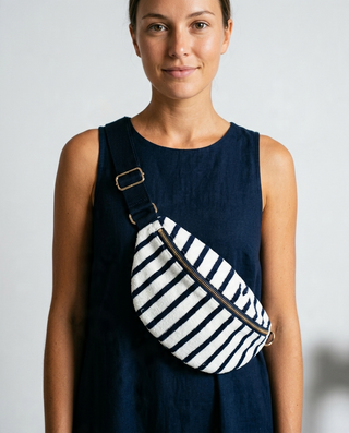 Striped Towel Fabric Crossbody Bag 'White & Navy' LIVE