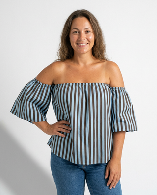 Alley Striped Off the Shoulder Top 'Blue & Brown'