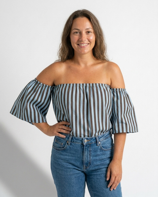 Alley Striped Off the Shoulder Top 'Blue & Brown'