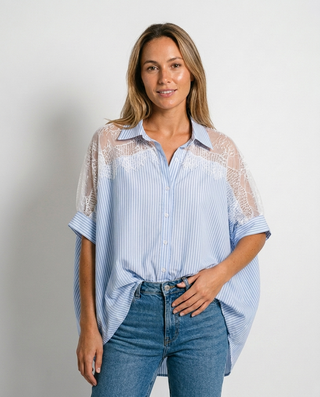 Belle Striped Lace Blouse 'Blue & White' LIVE