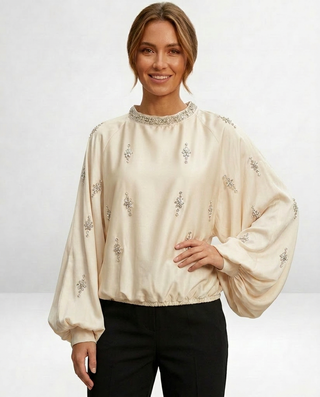 Celeste Embellished Satin Blouse 'Cream'