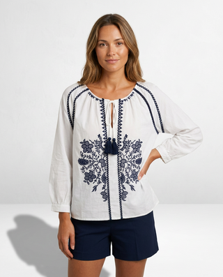 Nula Embroidered Blouse 'White & Navy'