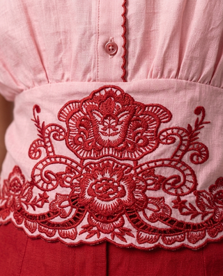 Karine Cotton Embroidered Blouse 'Pink & Red'