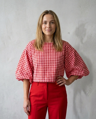 Cherry Blossom Gingham Top 'Baby Pink & Red'