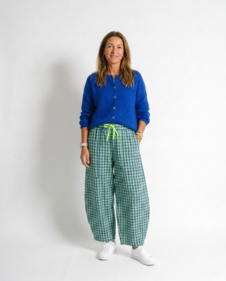 Electric Bloom Gingham Trousers 'Neon Green & Blue'