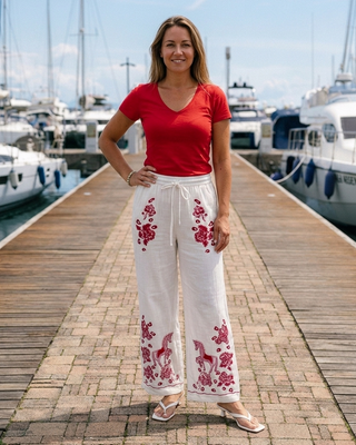 Rose Cotton Embroidered Pants 'Off White & Red' LIVE