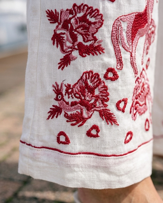 Rose Cotton Embroidered Pants 'Off White & Red' LIVE