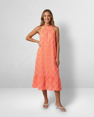Cora Gingham Neon Dress 'Neon Orange & Pink'
