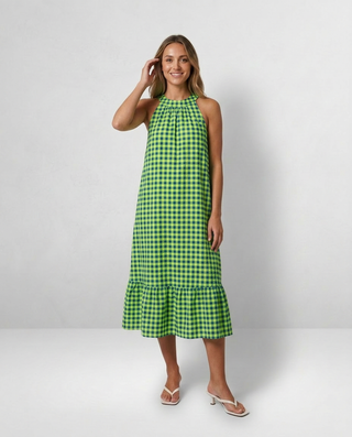 Cora Gingham Neon Dress 'Neon Green & Blue'