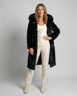 Sian Hooded Fur Coat 'Black'