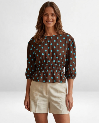 Eliza Polka Dot Top 'Brown & Blue'