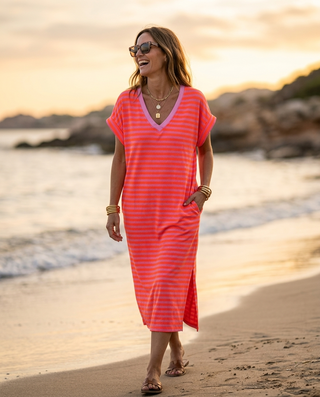 Arabella Striped Neon Dress 'Neon Orange & Pink'