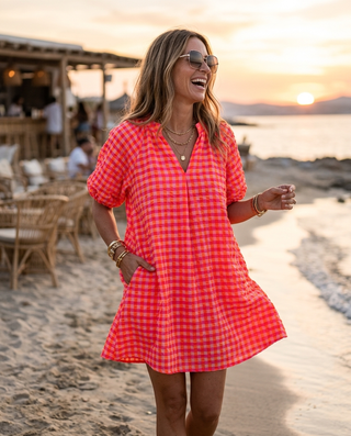 Ivy Gingham Cotton Neon Dress 'Neon Orange & Pink'