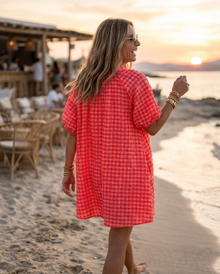 Ivy Gingham Cotton Neon Dress 'Neon Orange & Pink'