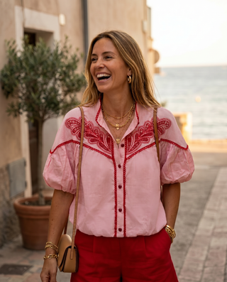 Arabella Embroidered Shirt 'Pink & Red'