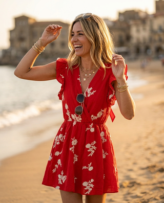 Stella Embroidered Dress 'Tomato Red'