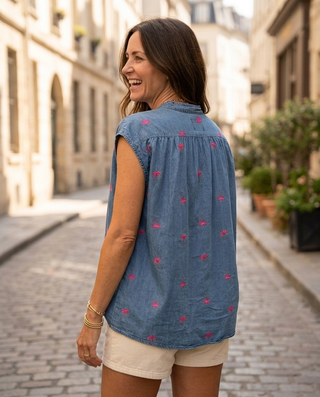 Sienna Neon Palms Sleeveless Shirt 'Denim & Neon Pink'