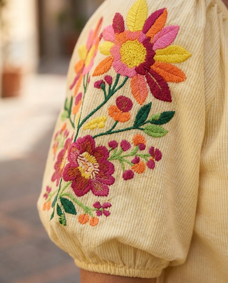 Sunset Bloom Striped Embroidered Blouse 'Lemon & White'