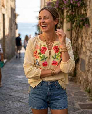 Charlotte Embroidered Striped Blouse 'Lemon & White'