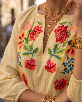 Charlotte Embroidered Striped Blouse 'Lemon & White'