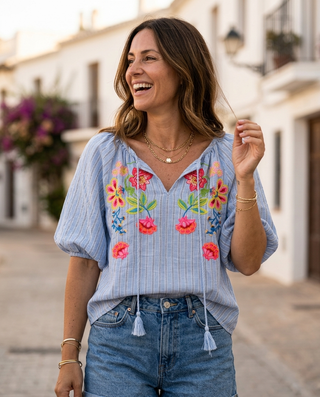 Verano Embroidered Striped Blouse 'Blue & Cream'
