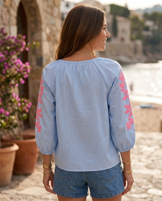 Azure Neon Embroidered Blouse 'Blue & Neon Pink' LIVE 16/7