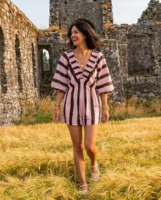 Lou Lou Cotton Striped Playsuit 'Baby Pink & Brown'
