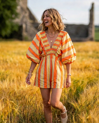 Lou Lou Cotton Striped Playsuit 'Lemon & Neon Orange'