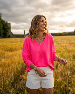 Alessia V-Neck Sweatshirt 'Neon Pink'