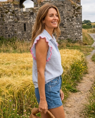 Freya Striped Neon Sleeveless Shirt 'Blue/White/Neon Pink'
