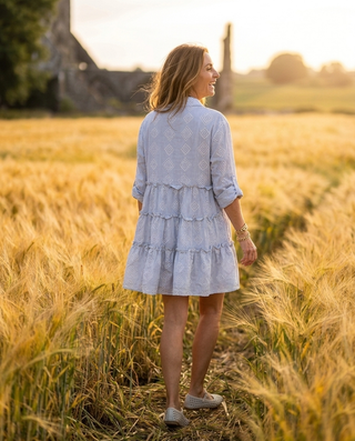 Moon Striped Cotton Embroidered Dress 'Blue & White' LIVE 23/7