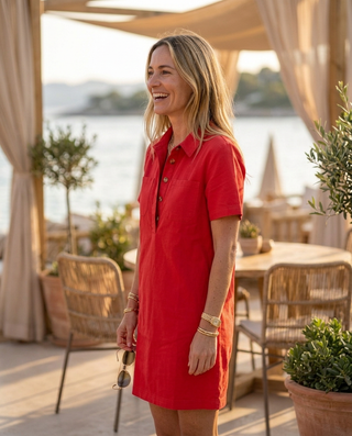 Fiorella Cotton Dress 'Tomato Red' (With Buttons)