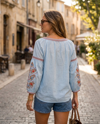 Aztec Cotton Blouse 'Baby Blue' LIVE 30/7