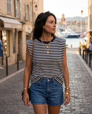 Amor Striped Sleeveless T-Shirt 'Navy & White' LIVE 30/7
