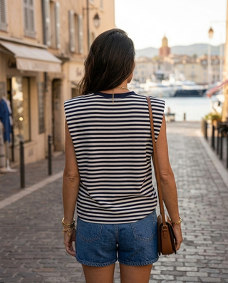 Amor Striped Sleeveless T-Shirt 'Navy & White' LIVE 30/7