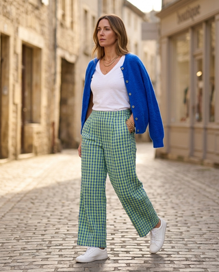 Electric Bloom Gingham Trousers 'Neon Green & Blue'
