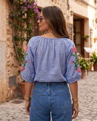 Selene Cotton Embroidered Blouse 'Denim Blue' LIVE 30/7