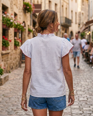 Paloma Striped Embroidered Top 'Blue/White/Pink' LIVE 6/8