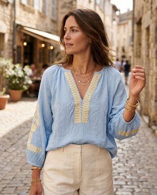 Tina Cotton Embroidered Blouse 'Blue & Cream' LIVE 6/8