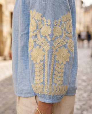 Tina Cotton Embroidered Blouse 'Blue & Cream' LIVE 6/8