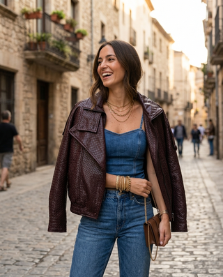 Elle Lattice Faux Leather Jacket 'Burgundy'