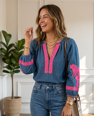 Felina Neon Embroidered Blouse 'Denim & Neon Pink'