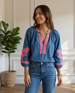 Felina Neon Embroidered Blouse 'Denim & Neon Pink'