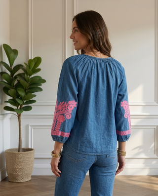 Felina Neon Embroidered Blouse 'Denim & Neon Pink'